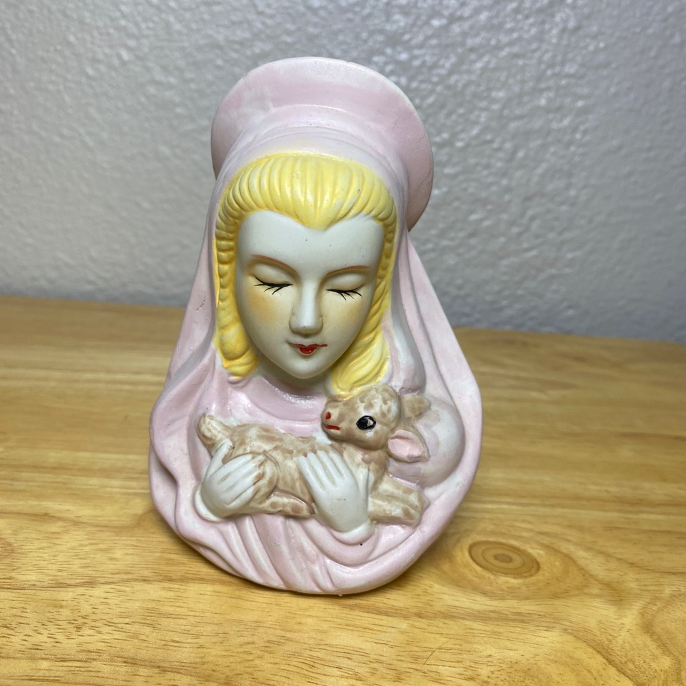 Vintage Ceramic Madonna with Lamb Candle Holder VTG Retro Pastel Blonde Pink